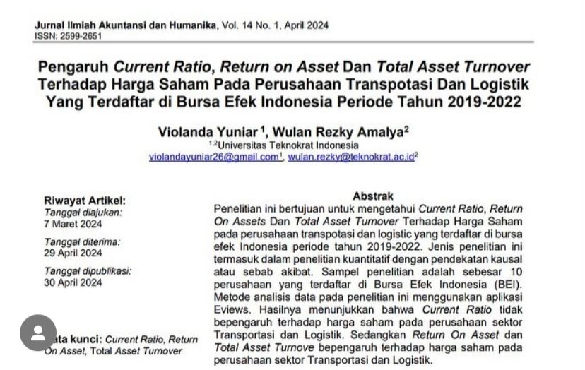 The Effect of Current Ratio, Return on Assets, and Total Asset Turnover on the Stock Prices of Transportation and Logistics Companies Listed on the Indonesia Stock Exchange for the 2019–2022 Period