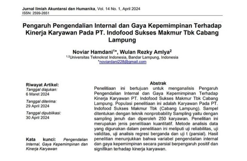 The Influence of Internal Control and Leadership Style on Employee Performance at PT Indofood Sukses Makmur Tbk, Lampung Branch