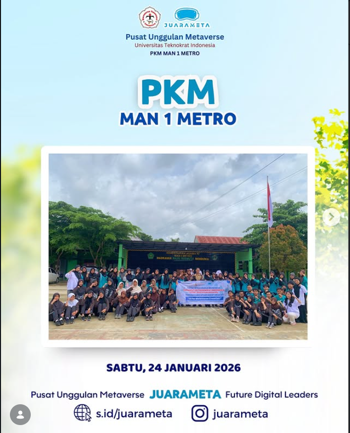 Universitas Teknokrat Indonesia, through the Metaverse Center of Excellence (JUARAMETA), conducted a Community Service Program (PKM) with the theme “AI for Metaverse Creation” at MAN 1 Metro.
